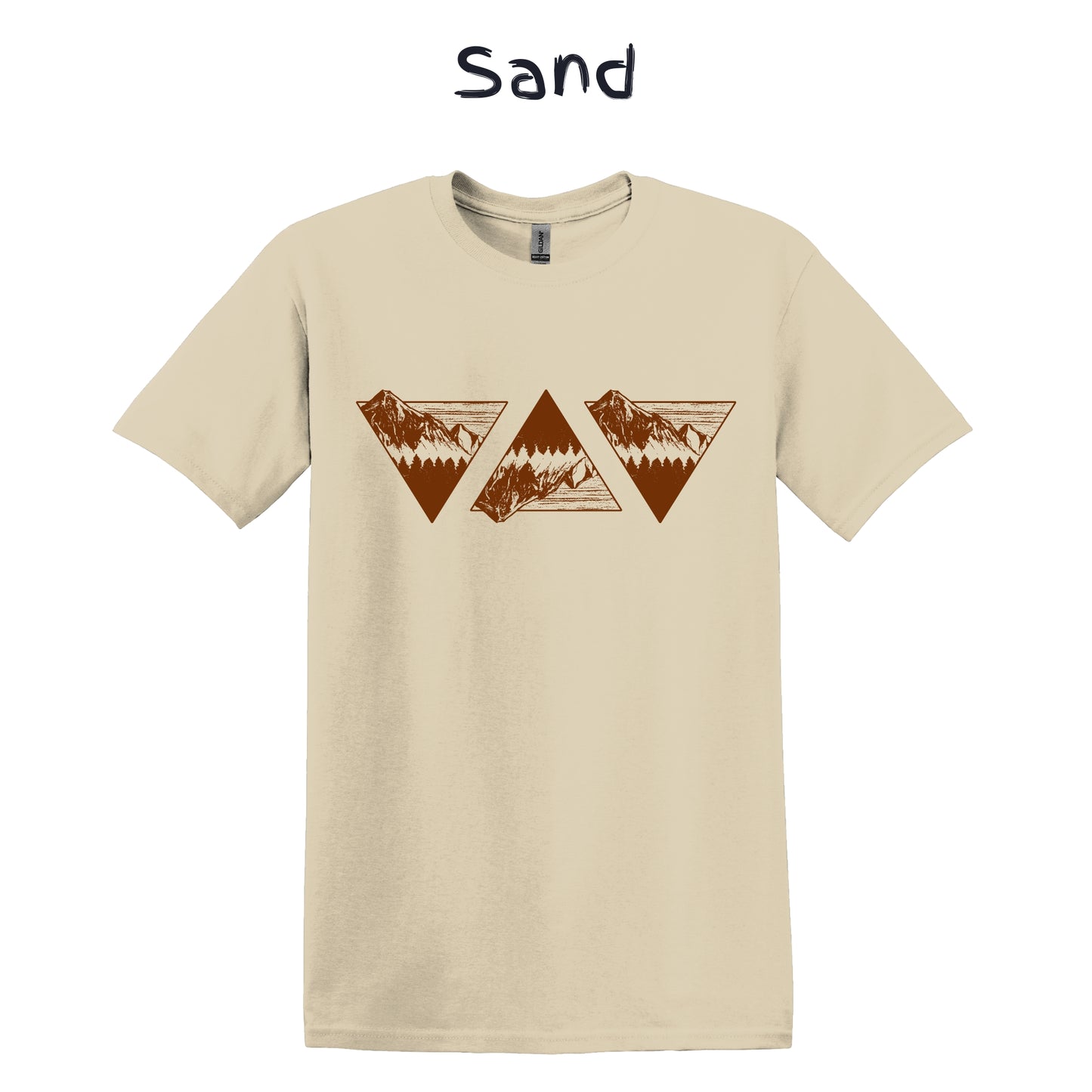 Men's Graphic Tee Mountain Tshirt Outdoorsy Adventure Nature Shirt - 3 Orange Triangles