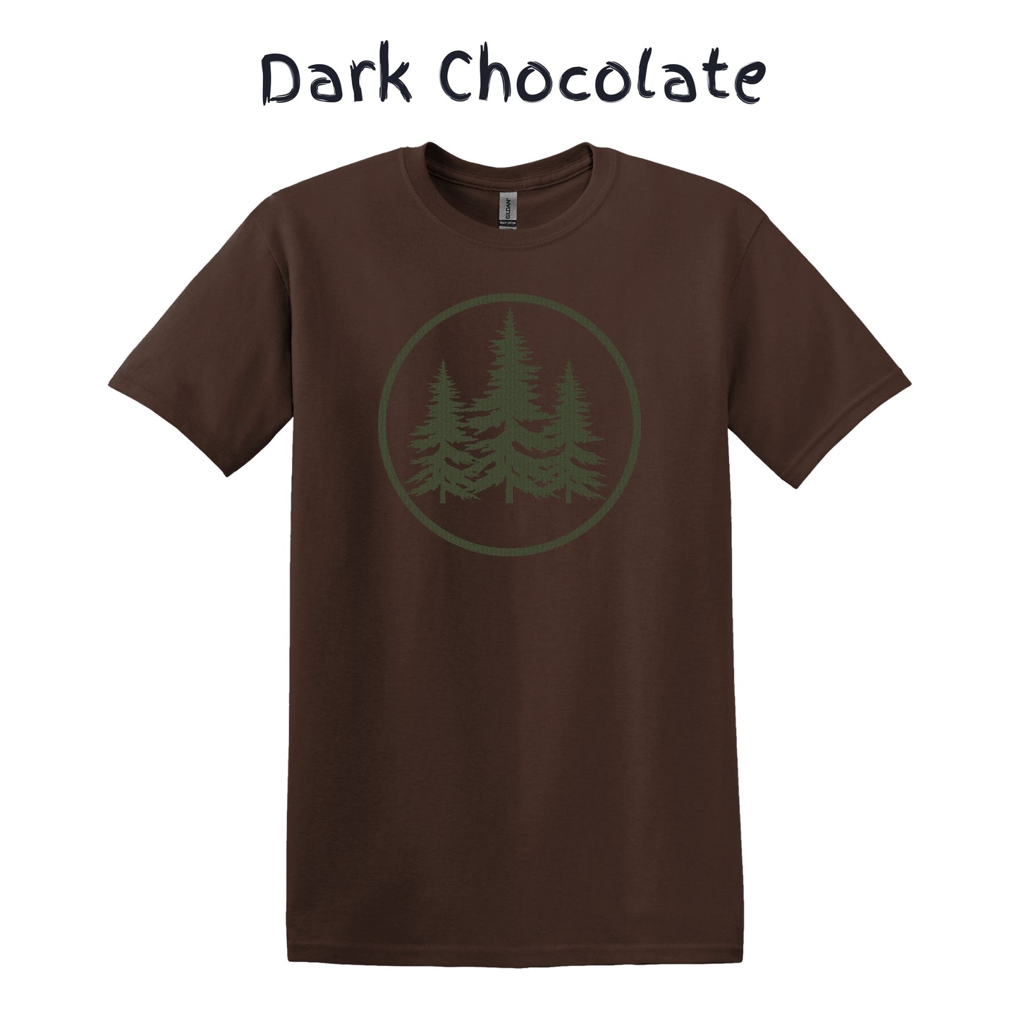 Men's Camping Shirt Graphic Tee Nature Hiking Shirt - Green Pine Forest Within a Circle