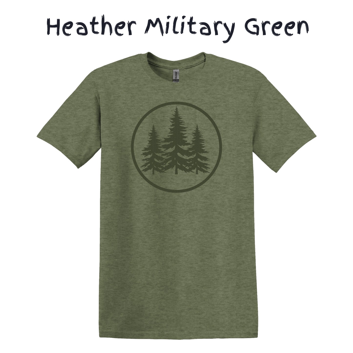 Men's Camping Shirt Graphic Tee Nature Hiking Shirt - Green Pine Forest Within a Circle