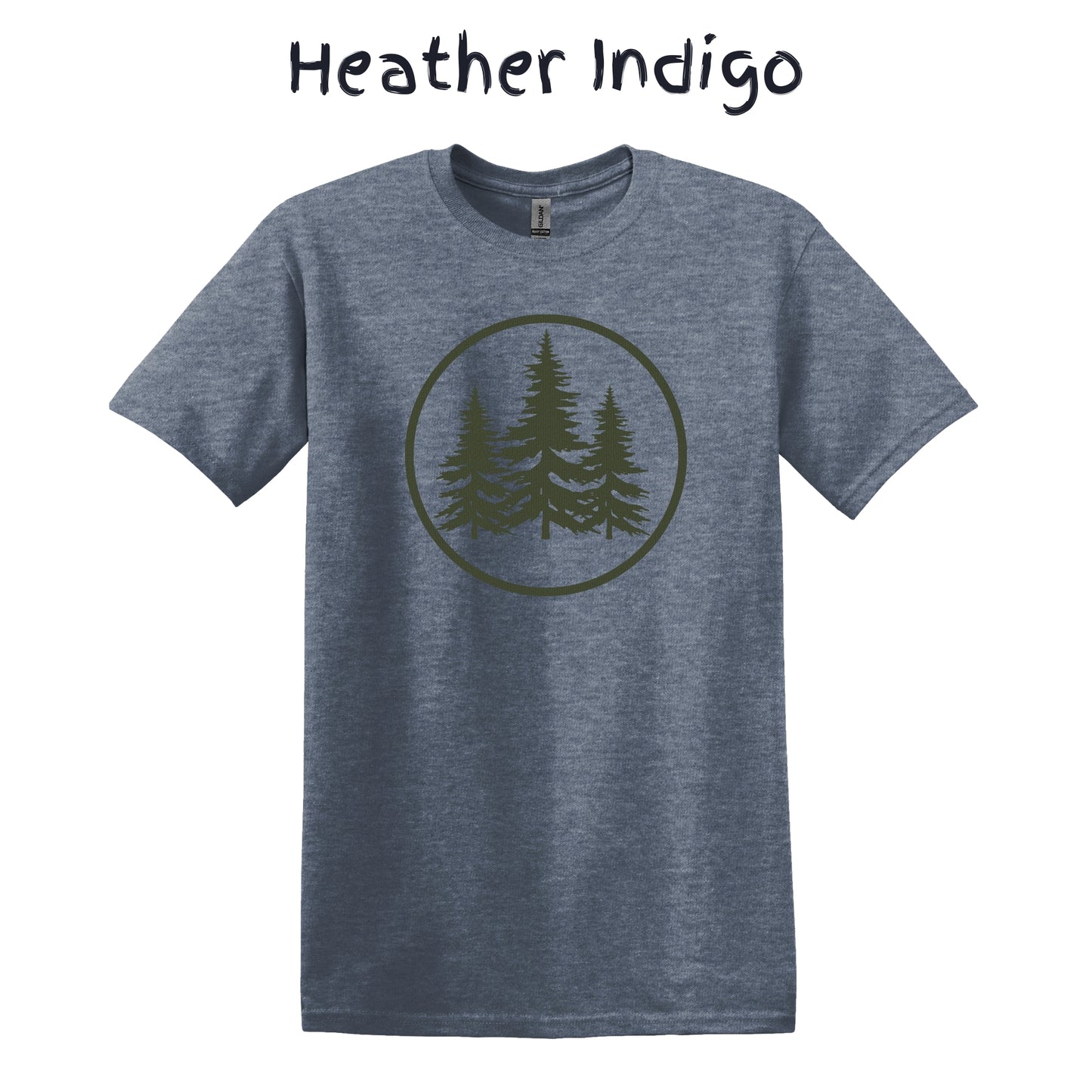 Men's Camping Shirt Graphic Tee Nature Hiking Shirt - Green Pine Forest Within a Circle