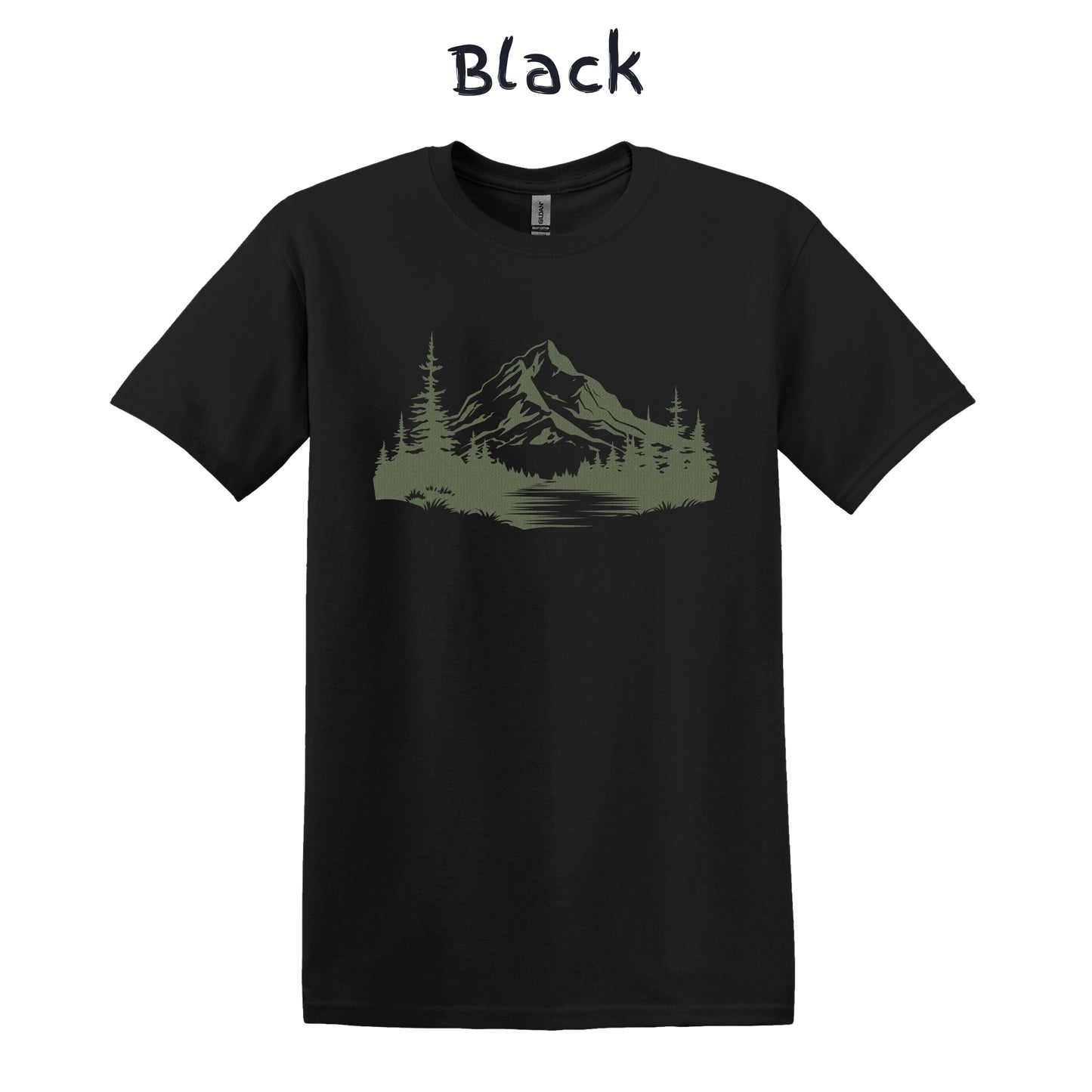 Mountain T-shirt Men's Nature Graphic Tee Camping - Mountain River Pine Trees Green Textured Pattern