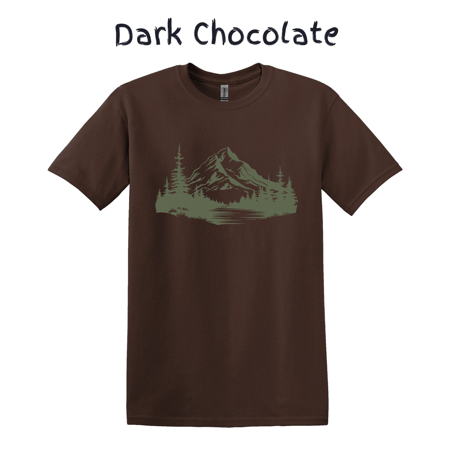 Mountain T-shirt Men's Nature Graphic Tee Camping - Mountain River Pine Trees Green Textured Pattern