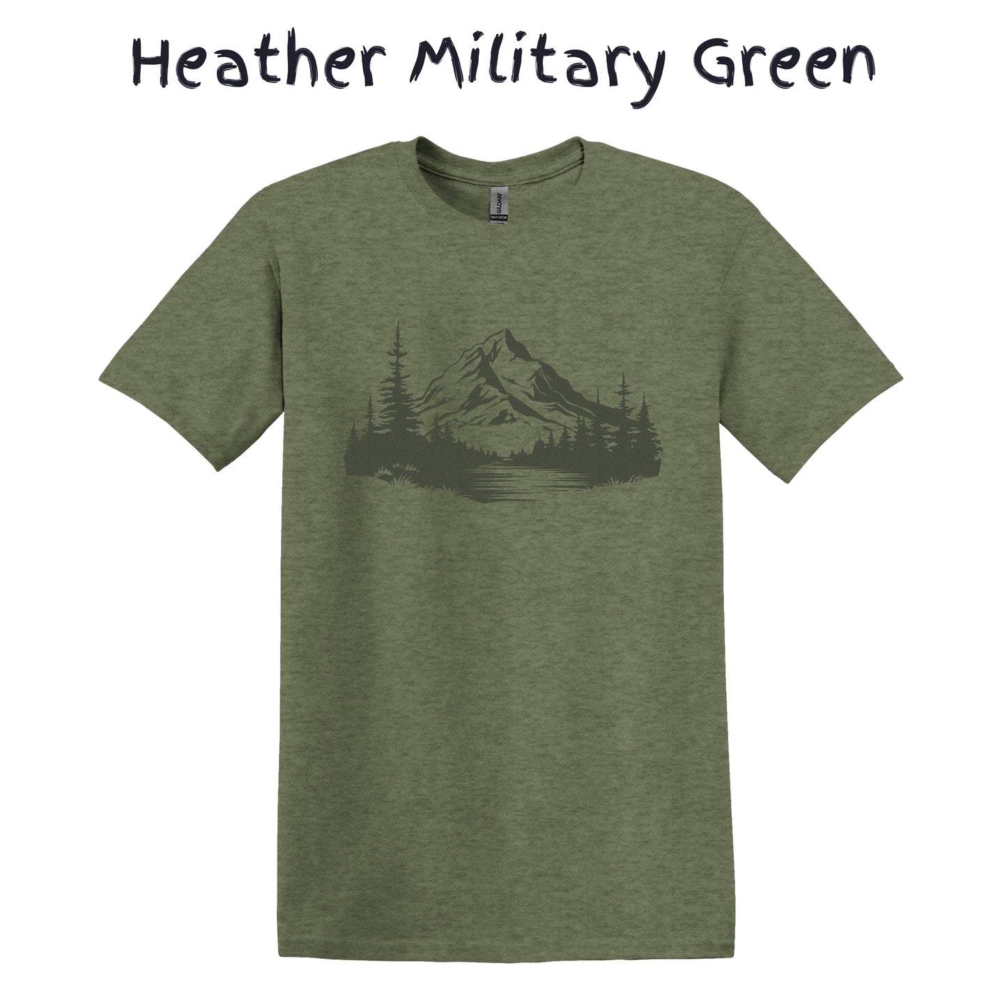 Mountain T-shirt Men's Nature Graphic Tee Camping - Mountain River Pine Trees Green Textured Pattern
