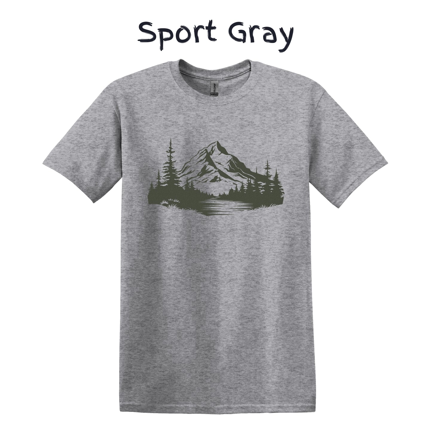 Mountain T-shirt Men's Nature Graphic Tee Camping - Mountain River Pine Trees Green Textured Pattern