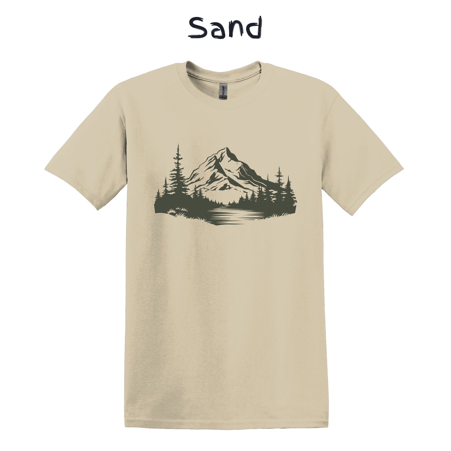 Mountain T-shirt Men's Nature Graphic Tee Camping - Mountain River Pine Trees Green Textured Pattern