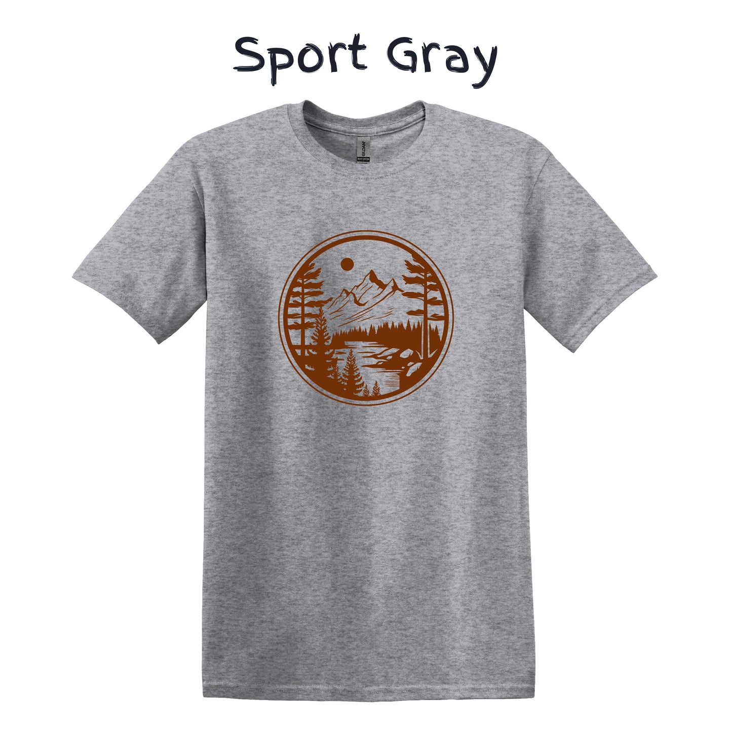 Mens Camping Shirt Hiking Mountain T-shirts Adventure Wear Outdoor Nature Lover - Orange Mountain in a Circle