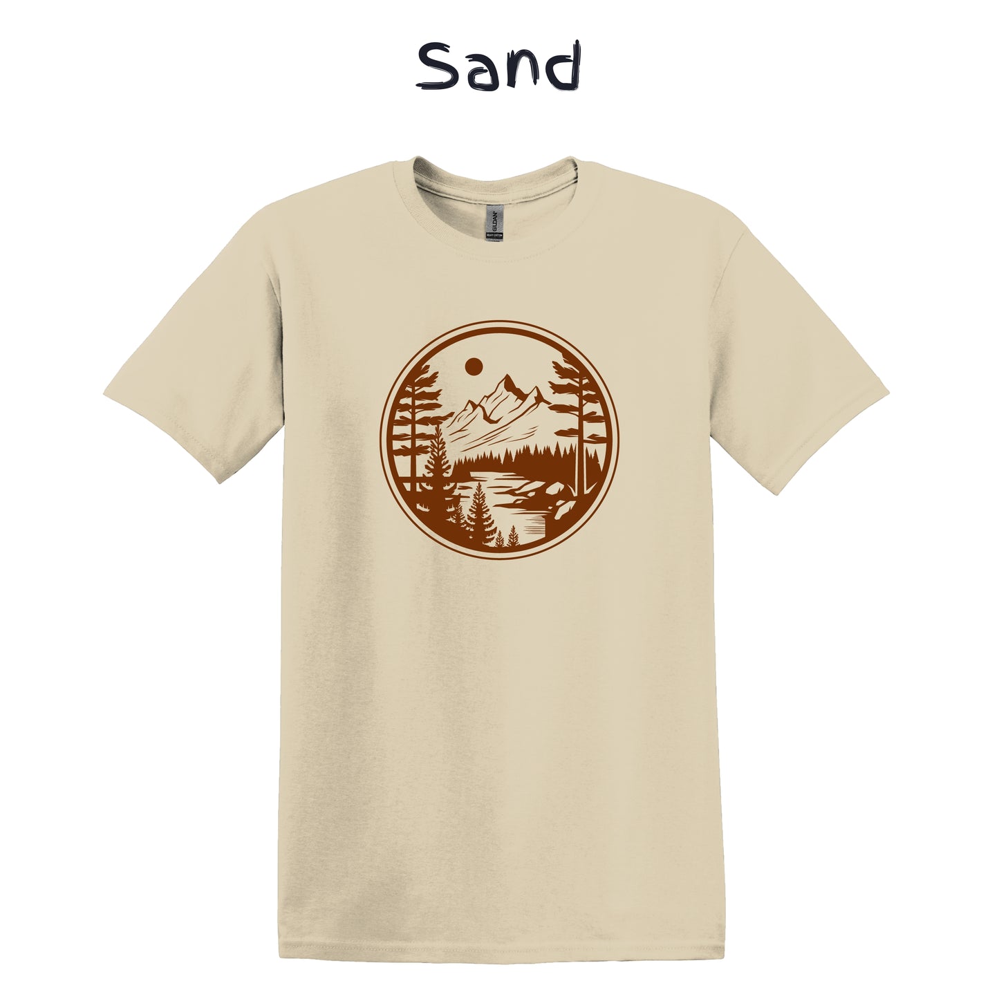 Mens Camping Shirt Hiking Mountain T-shirts Adventure Wear Outdoor Nature Lover - Orange Mountain in a Circle
