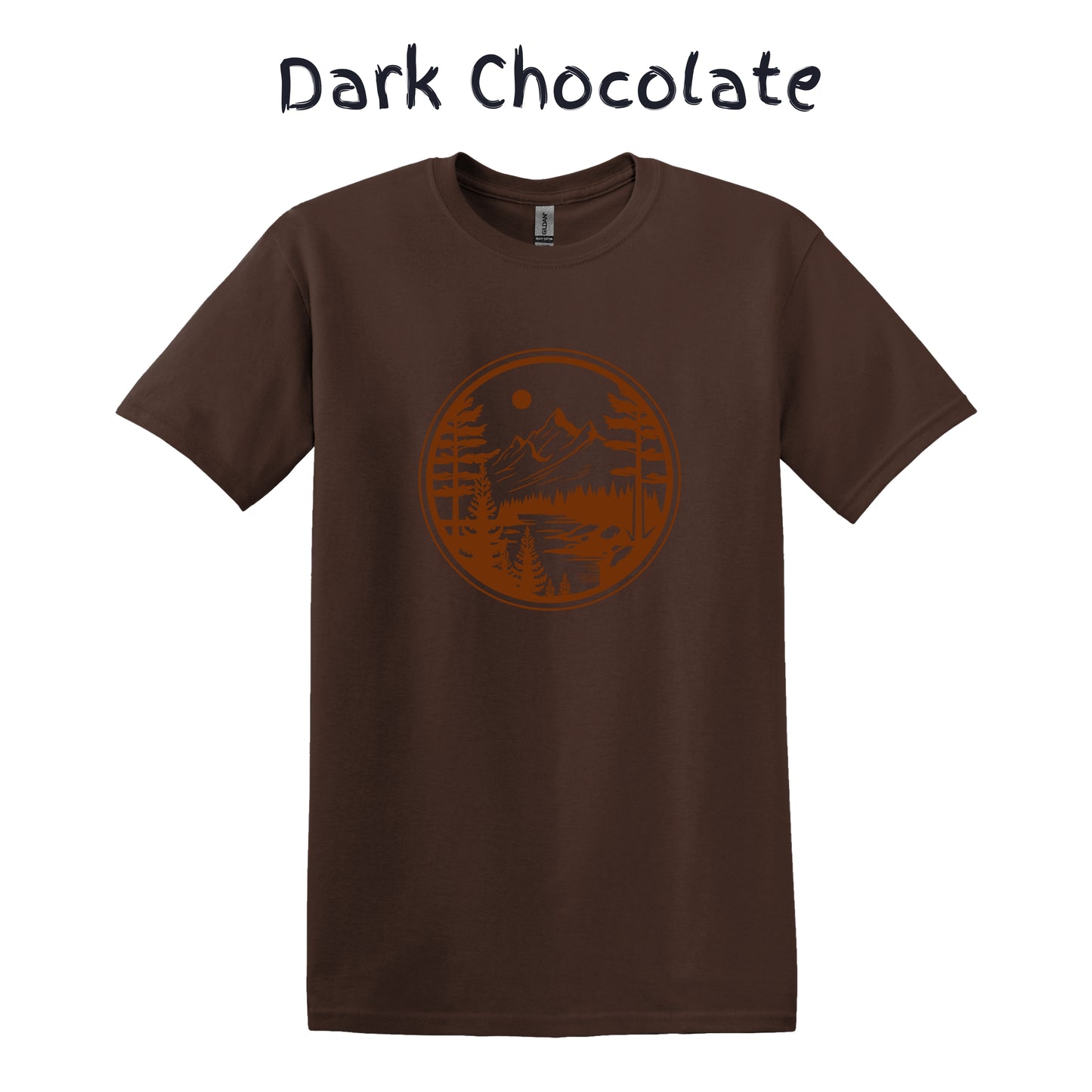 Mens Camping Shirt Hiking Mountain T-shirts Adventure Wear Outdoor Nature Lover - Orange Mountain in a Circle