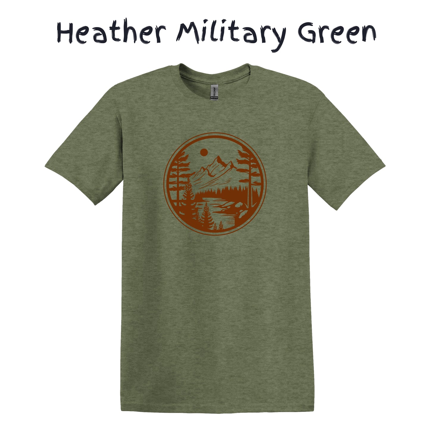 Mens Camping Shirt Hiking Mountain T-shirts Adventure Wear Outdoor Nature Lover - Orange Mountain in a Circle