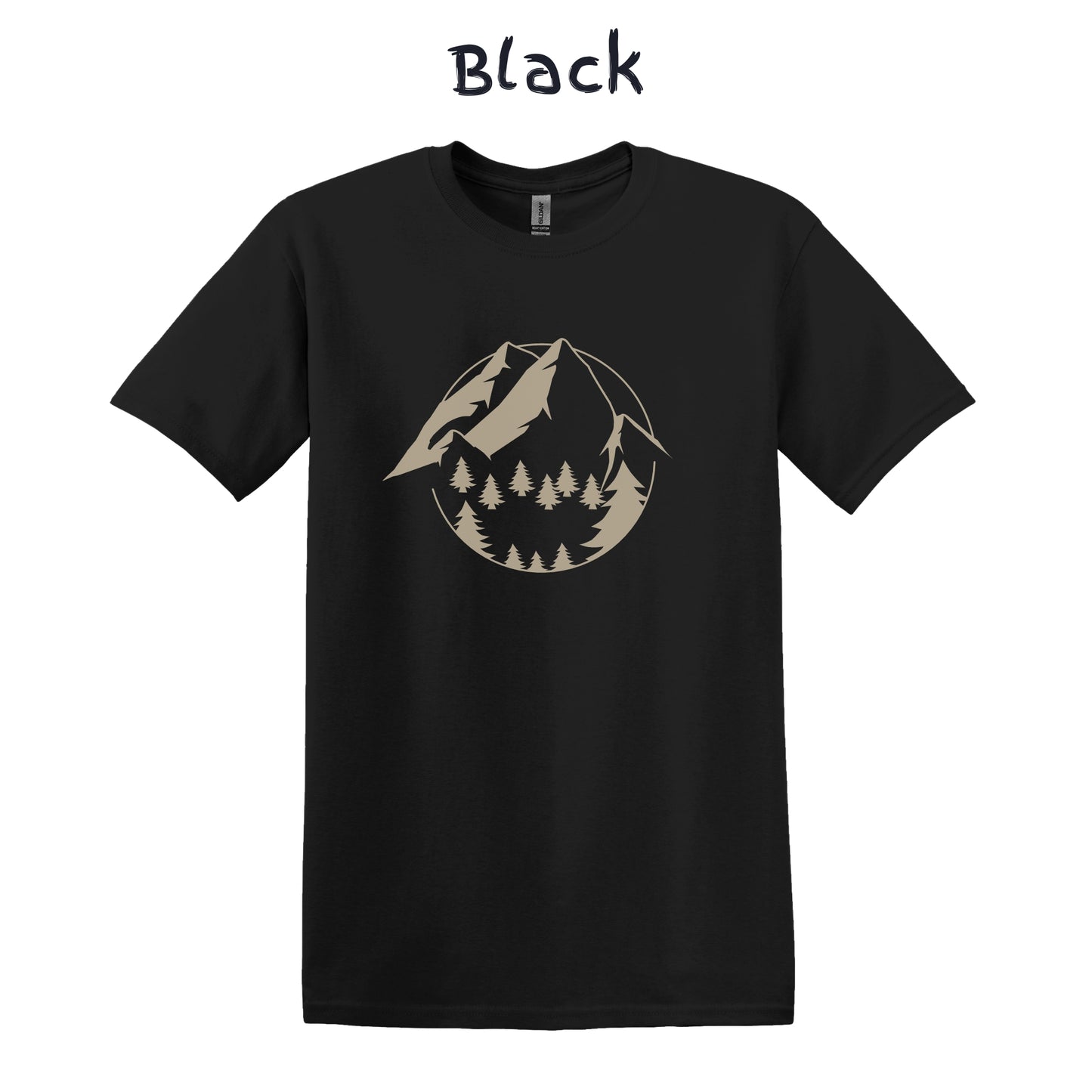 Mountain Tshirt Mens Hiking Shirt Camping Graphic Tee - Beige Mountain with Trees in a Circle
