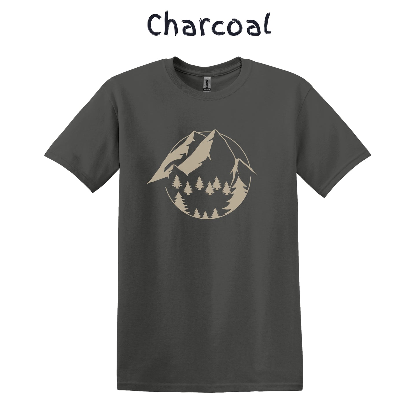 Mountain Tshirt Mens Hiking Shirt Camping Graphic Tee - Beige Mountain with Trees in a Circle