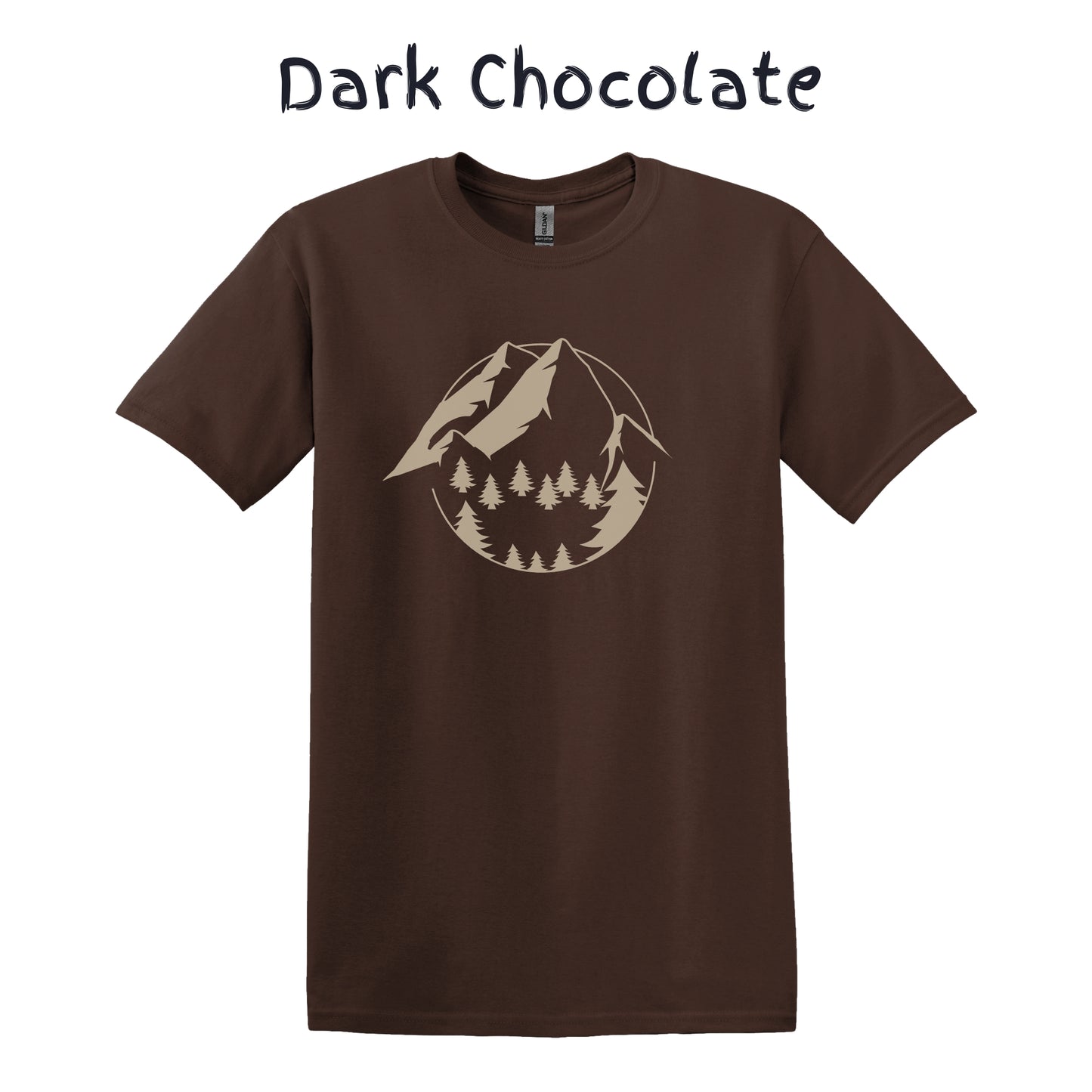Mountain Tshirt Mens Hiking Shirt Camping Graphic Tee - Beige Mountain with Trees in a Circle