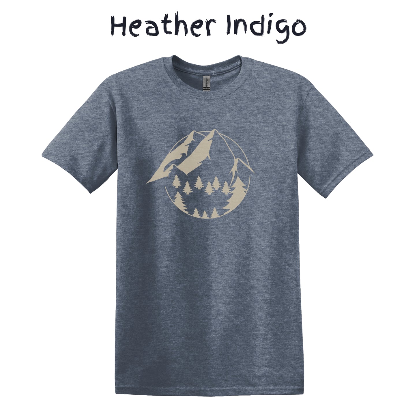 Mountain Tshirt Mens Hiking Shirt Camping Graphic Tee - Beige Mountain with Trees in a Circle