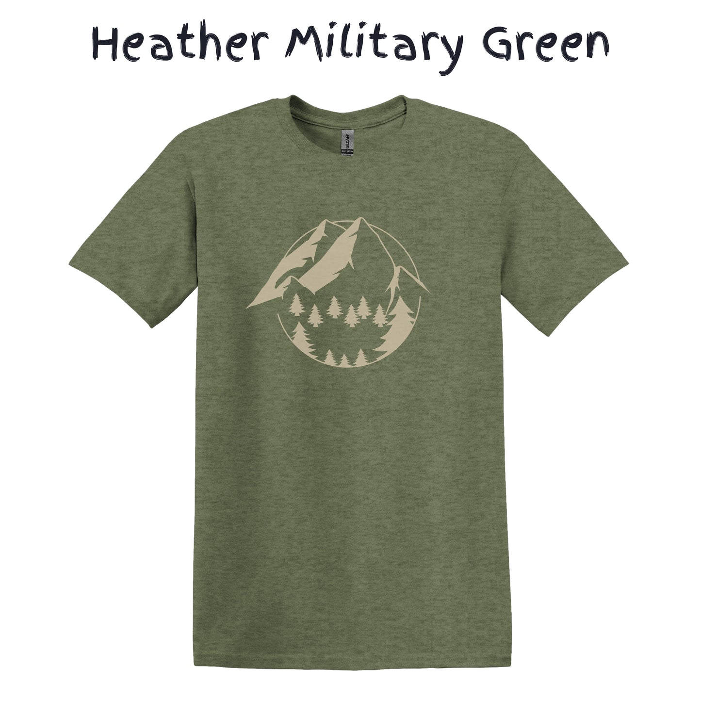 Mountain Tshirt Mens Hiking Shirt Camping Graphic Tee - Beige Mountain with Trees in a Circle