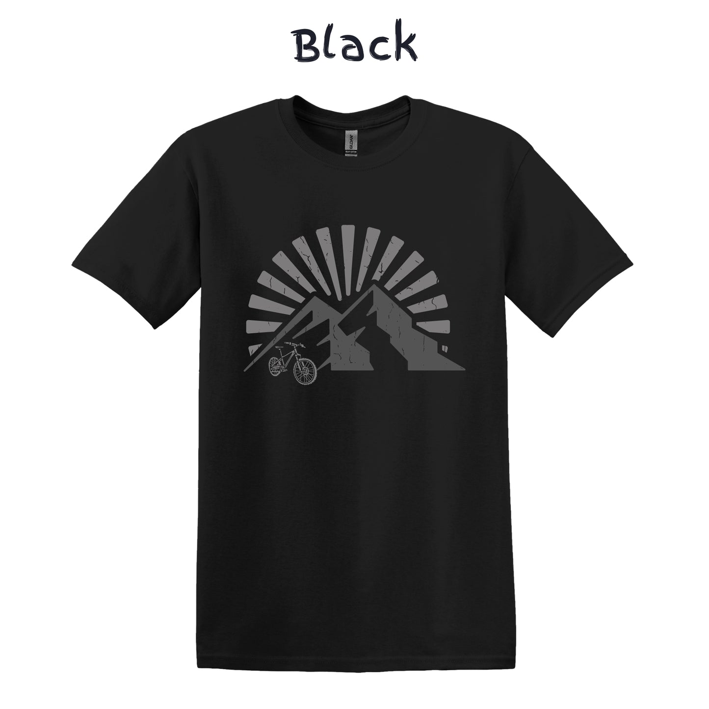 Mountain Bike T-Shirt MTB Biker Biking Shirt Adventure TShirt Cycling - Gray Bike in Front of Mountain