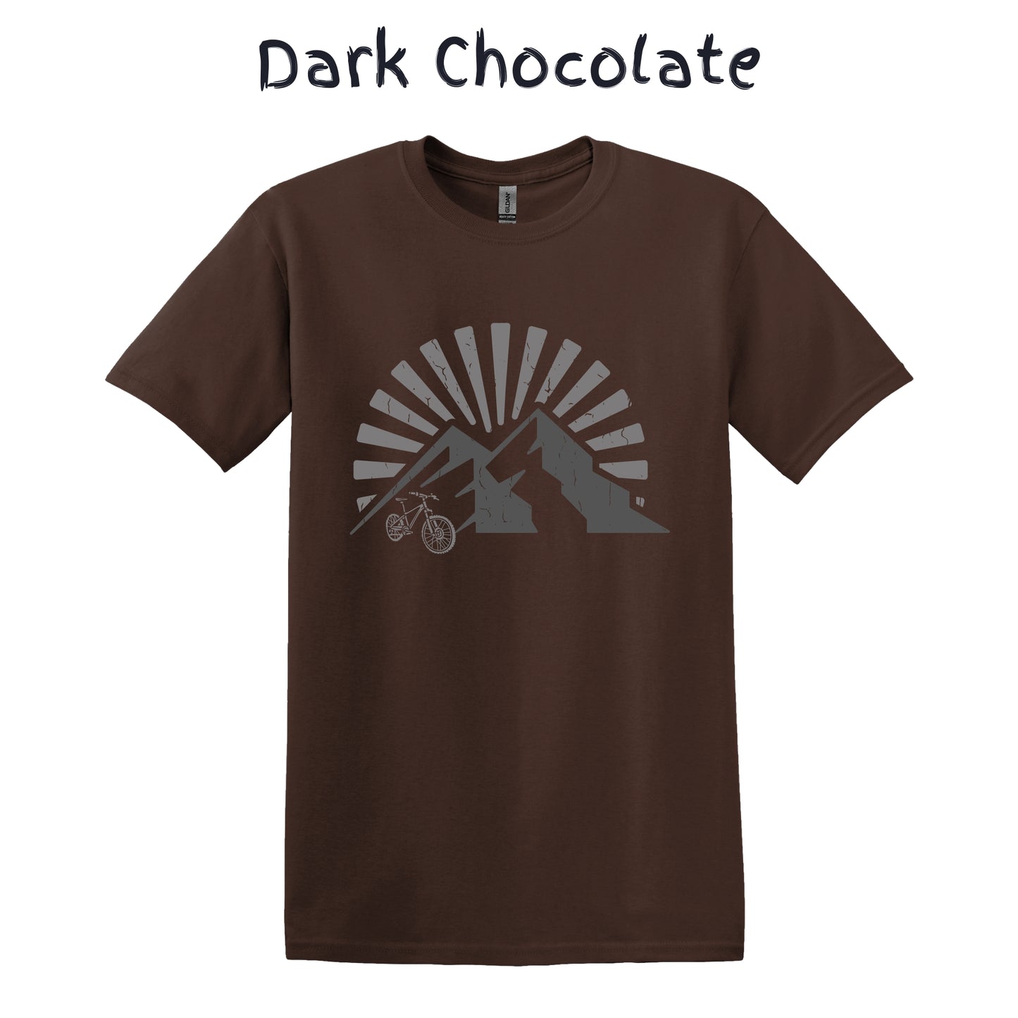 Mountain Bike T-Shirt MTB Biker Biking Shirt Adventure TShirt Cycling - Gray Bike in Front of Mountain