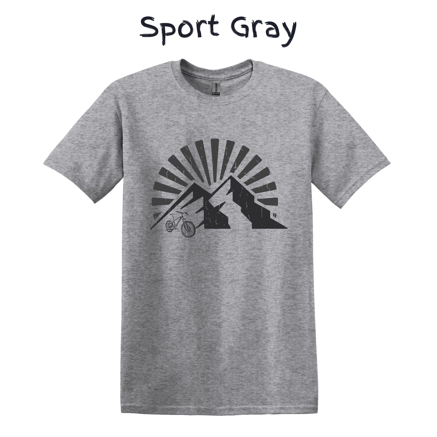 Mountain Bike T-Shirt MTB Biker Biking Shirt Adventure TShirt Cycling - Gray Bike in Front of Mountain
