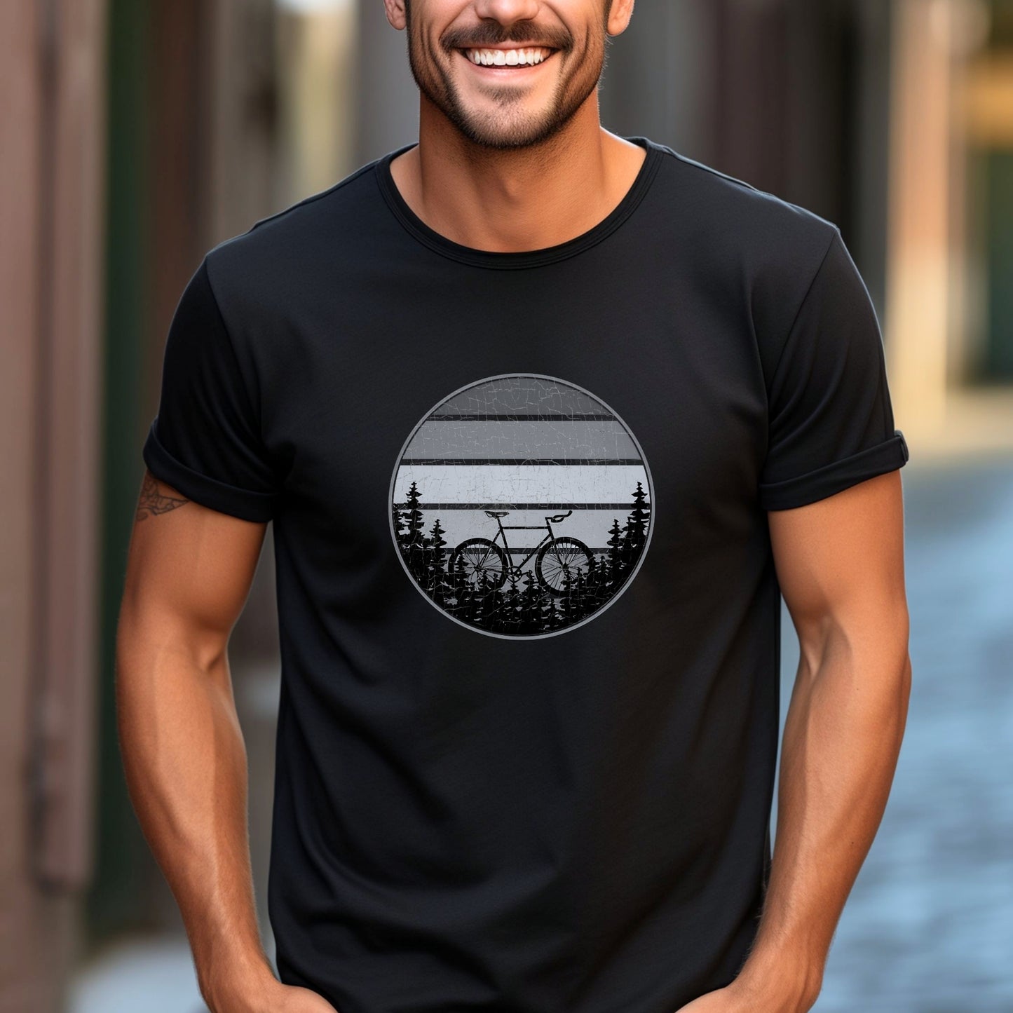 Mountain Biker TShirt Mountain Bike MTB Biking - Grey Bicycle in Front Of Striped Circle with Trees