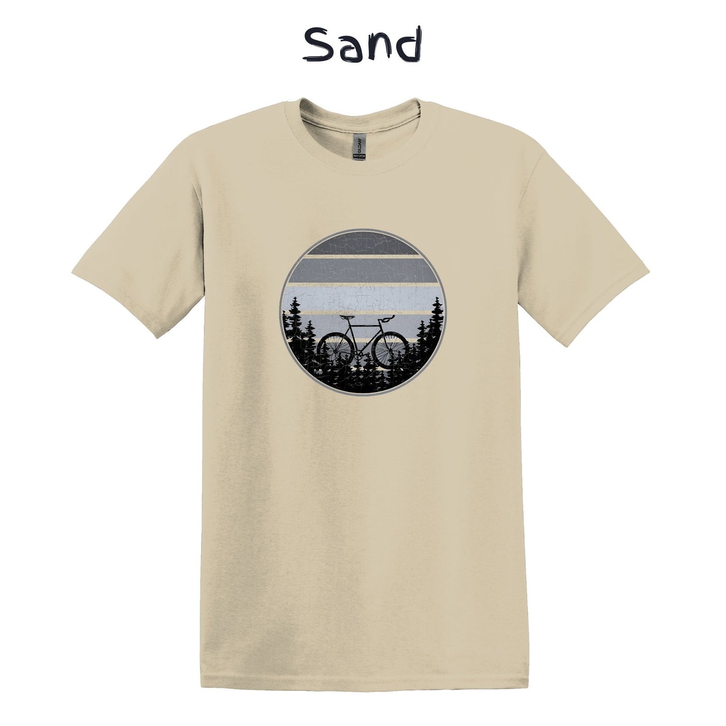 Mountain Biker TShirt Mountain Bike MTB Biking - Grey Bicycle in Front Of Striped Circle with Trees