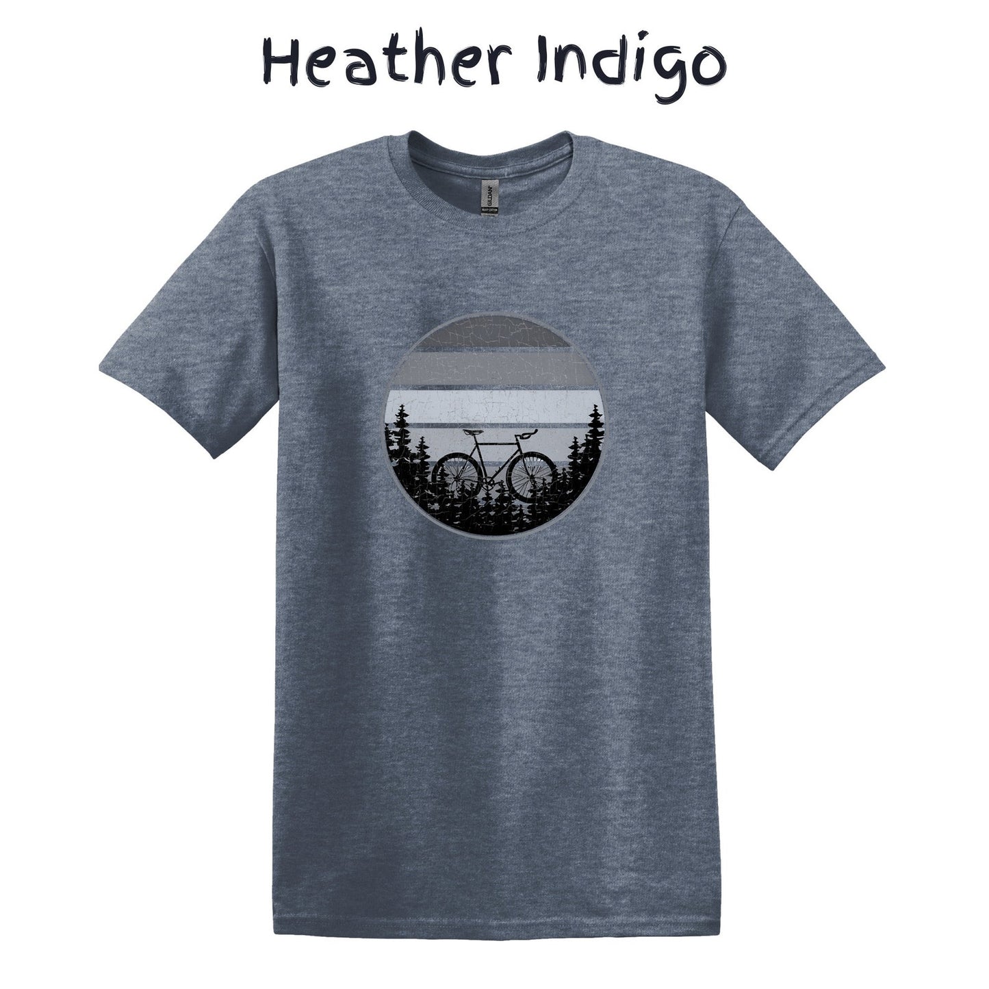 Mountain Biker TShirt Mountain Bike MTB Biking - Grey Bicycle in Front Of Striped Circle with Trees