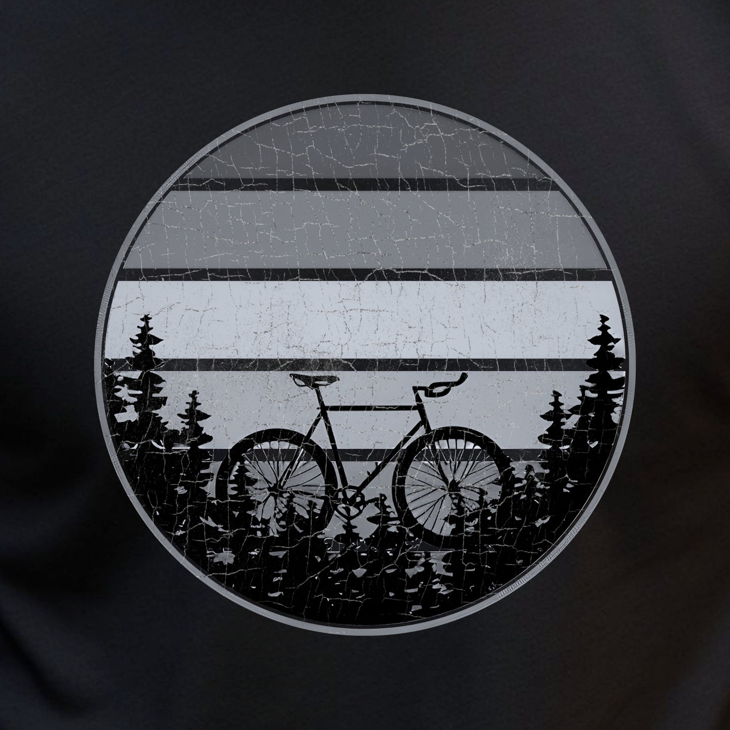 Mountain Biker TShirt Mountain Bike MTB Biking - Grey Bicycle in Front Of Striped Circle with Trees