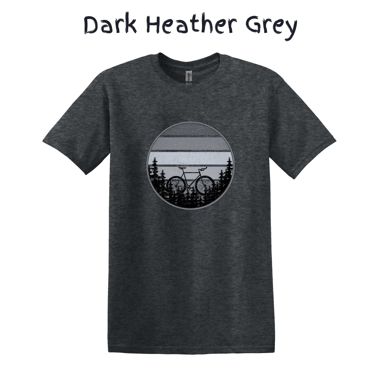 Mountain Biker TShirt Mountain Bike MTB Biking - Grey Bicycle in Front Of Striped Circle with Trees