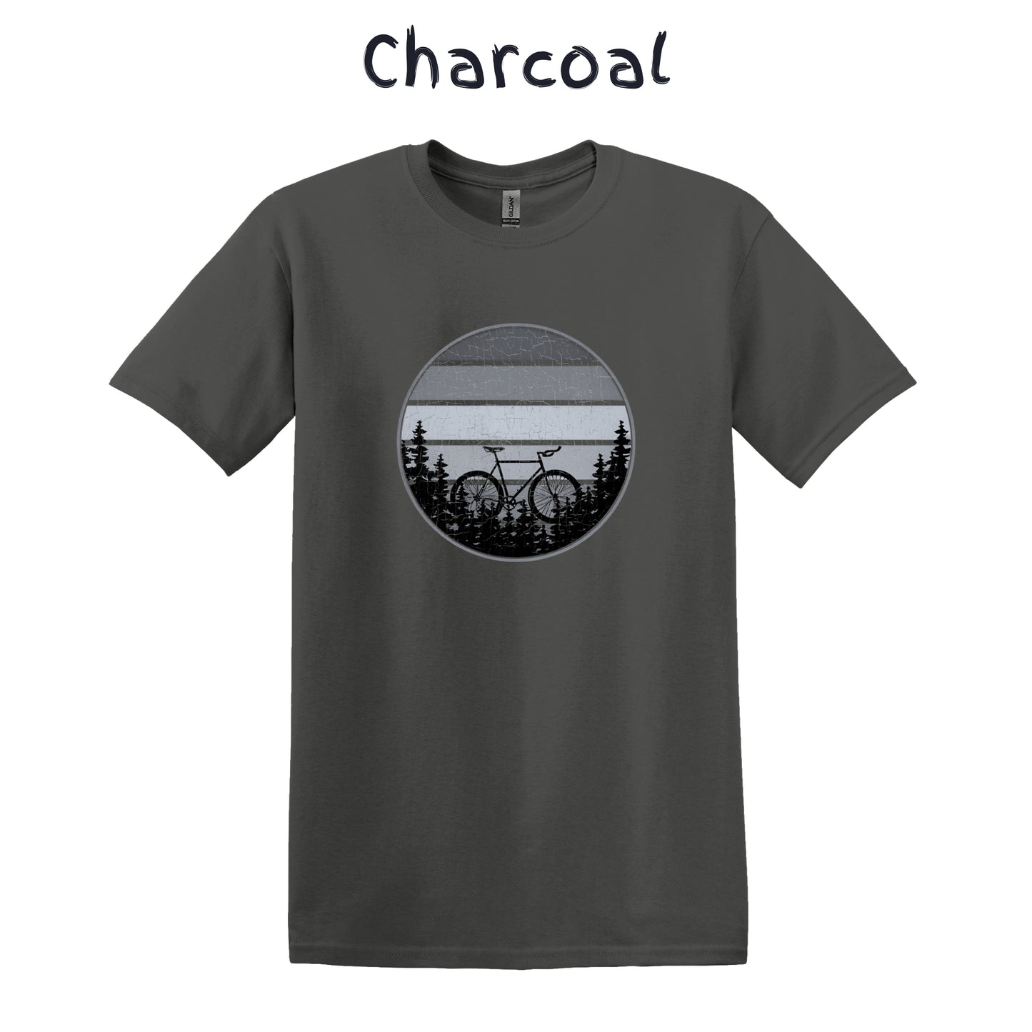 Mountain Biker TShirt Mountain Bike MTB Biking - Grey Bicycle in Front Of Striped Circle with Trees