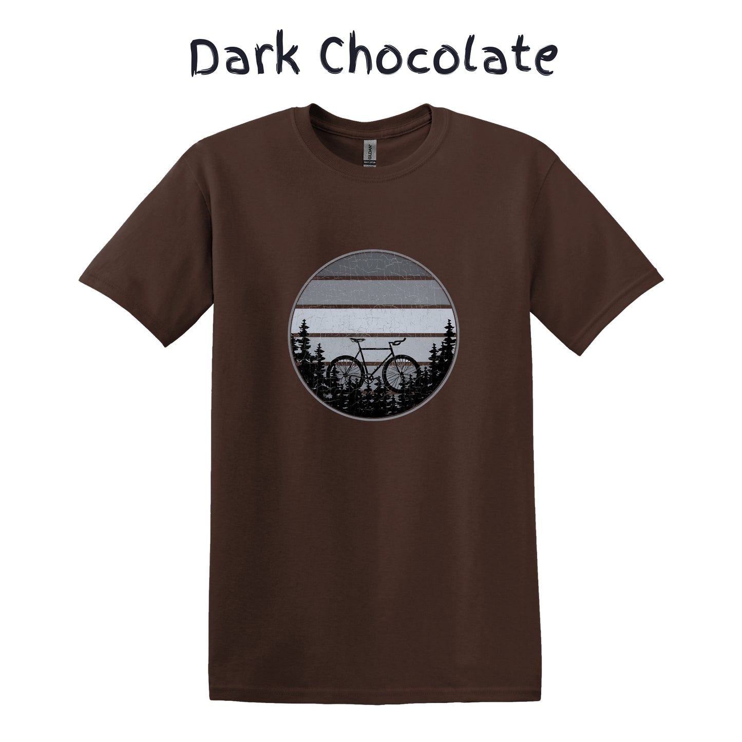 Mountain Biker TShirt Mountain Bike MTB Biking - Grey Bicycle in Front Of Striped Circle with Trees
