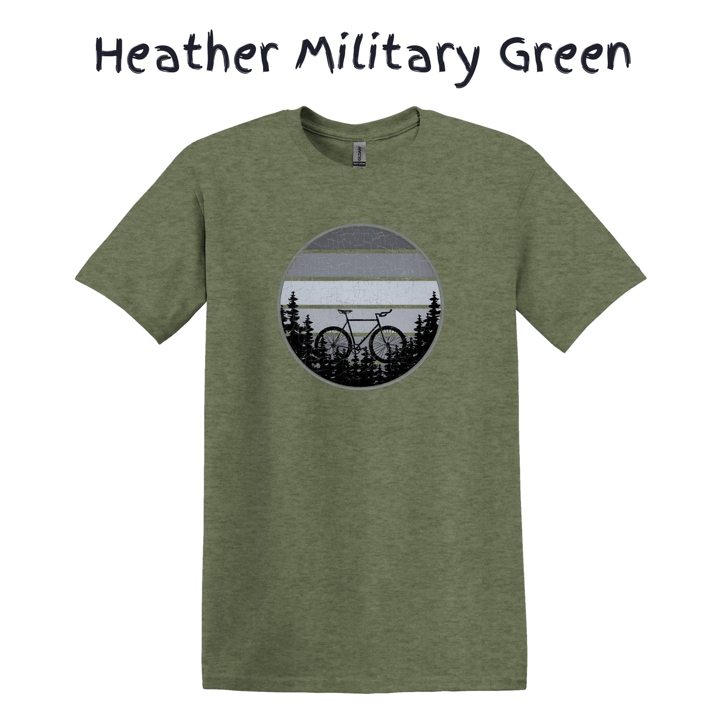Mountain Biker TShirt Mountain Bike MTB Biking - Grey Bicycle in Front Of Striped Circle with Trees