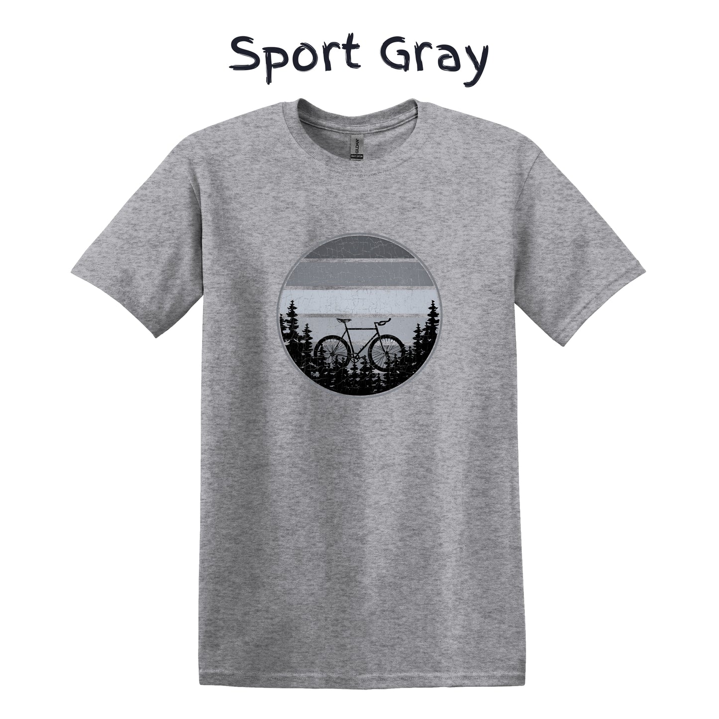 Mountain Biker TShirt Mountain Bike MTB Biking - Grey Bicycle in Front Of Striped Circle with Trees