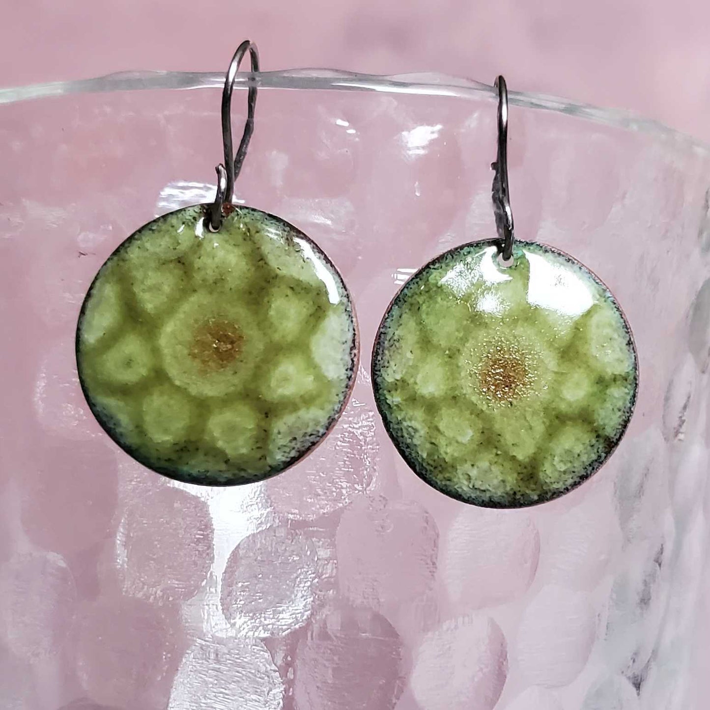 Olive Green Copper Earrings Enamel Glass Circle Design