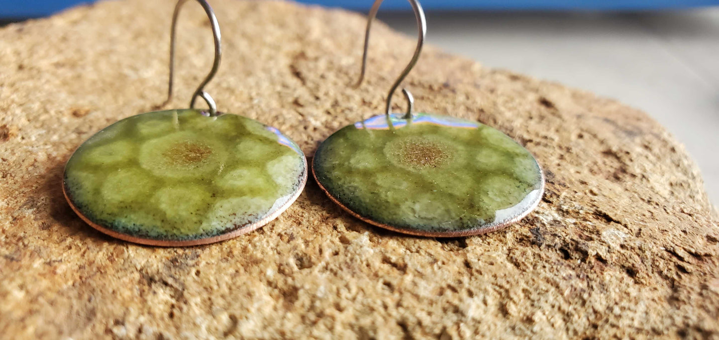 Olive Green Copper Earrings Enamel Glass Circle Design