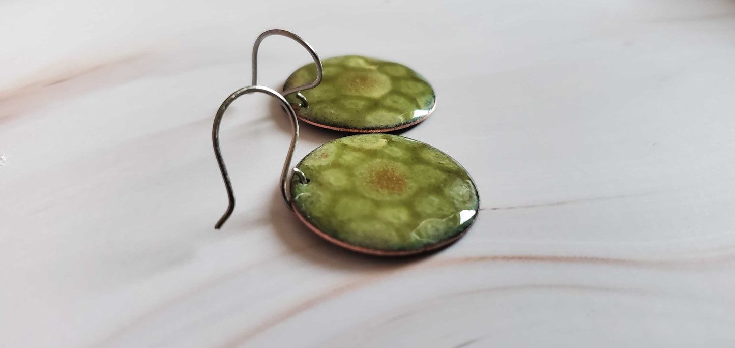 Olive Green Copper Earrings Enamel Glass Circle Design
