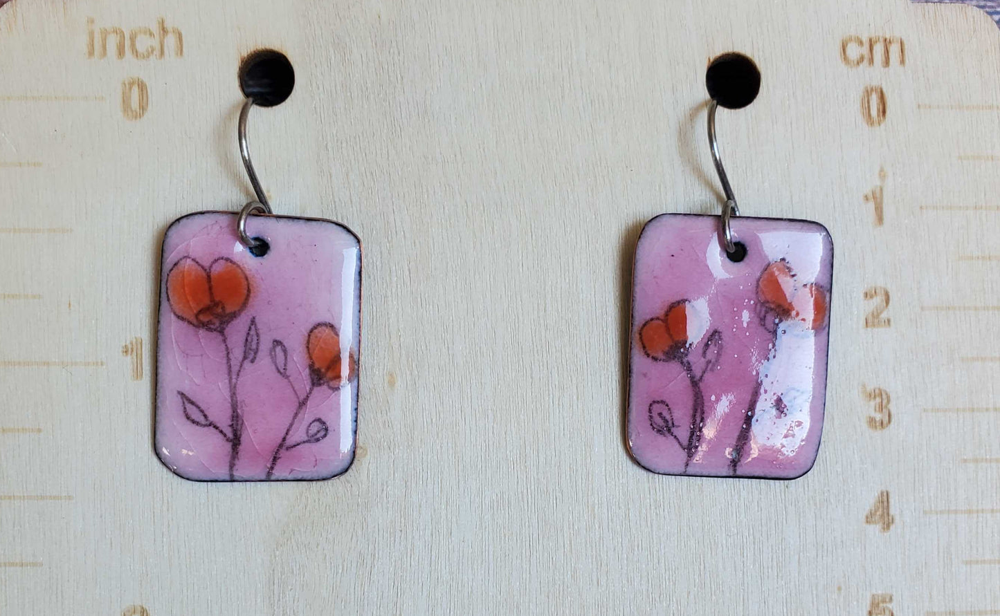 Pink Copper Enamel Dangle Earrings 2 Delicate Boho Pink Orange Flowers