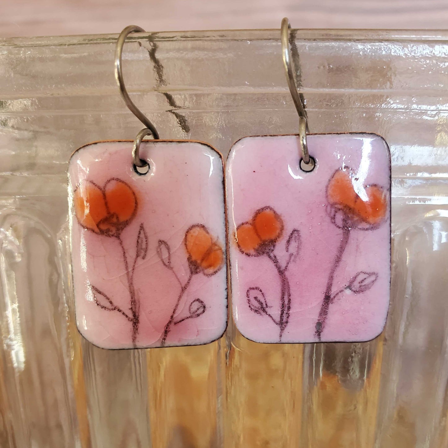 Pink Copper Enamel Dangle Earrings 2 Delicate Boho Pink Orange Flowers