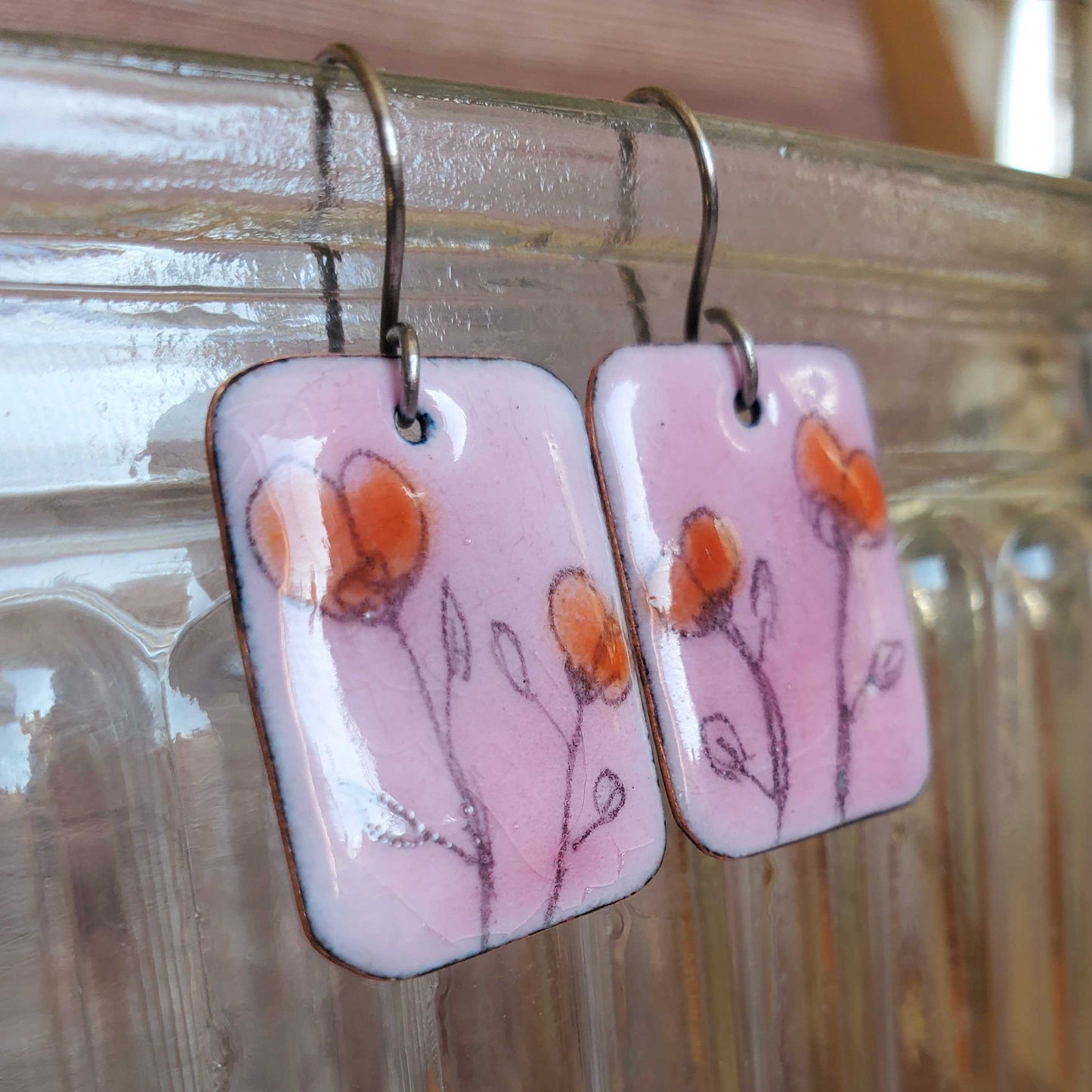 Pink Copper Enamel Dangle Earrings 2 Delicate Boho Pink Orange Flowers