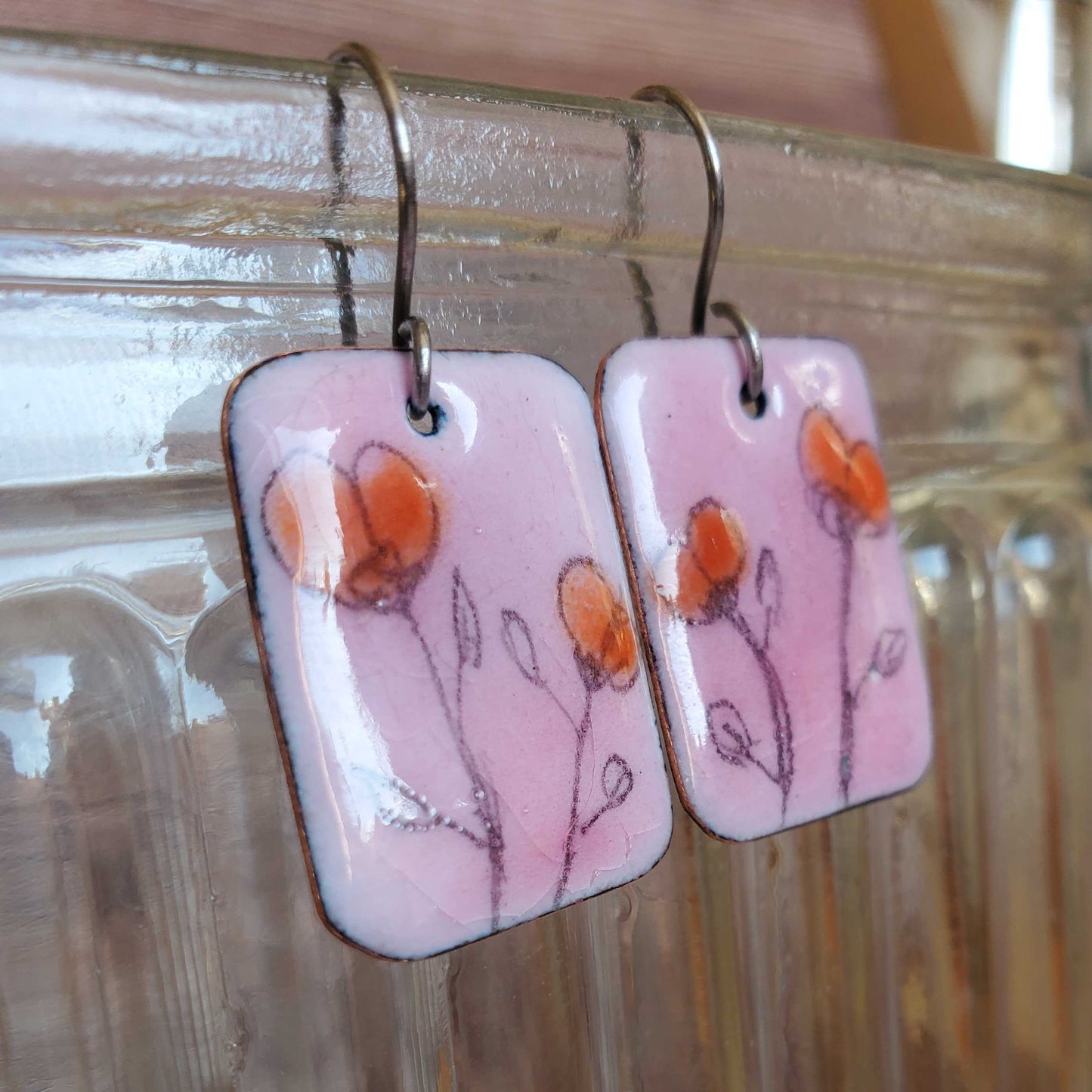Pink Copper Enamel Dangle Earrings 2 Delicate Boho Pink Orange Flowers