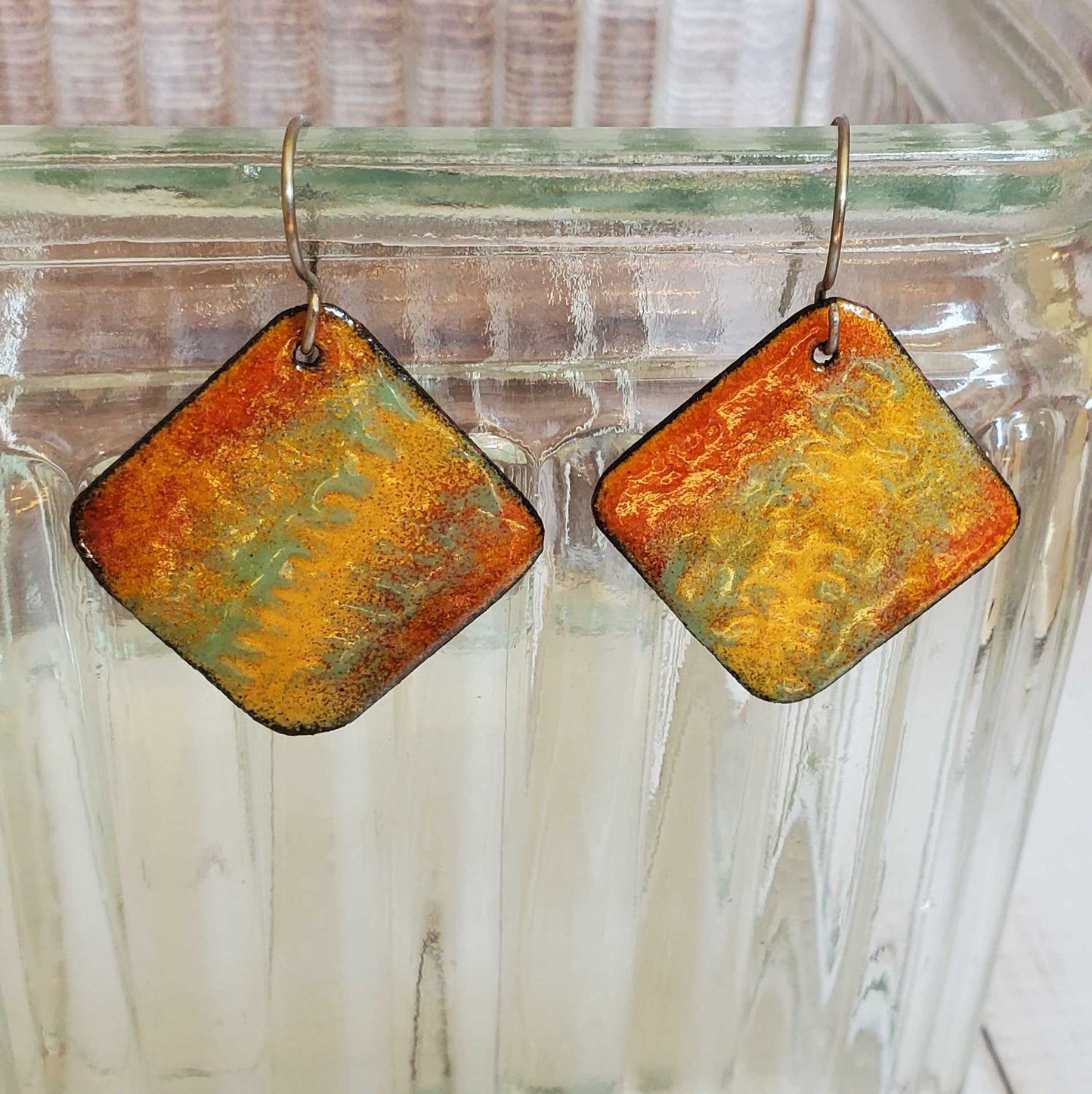 Natural Boho Dangle Earrings Enameled Copper Mint Green Orange Yellow Fern Like Pattern