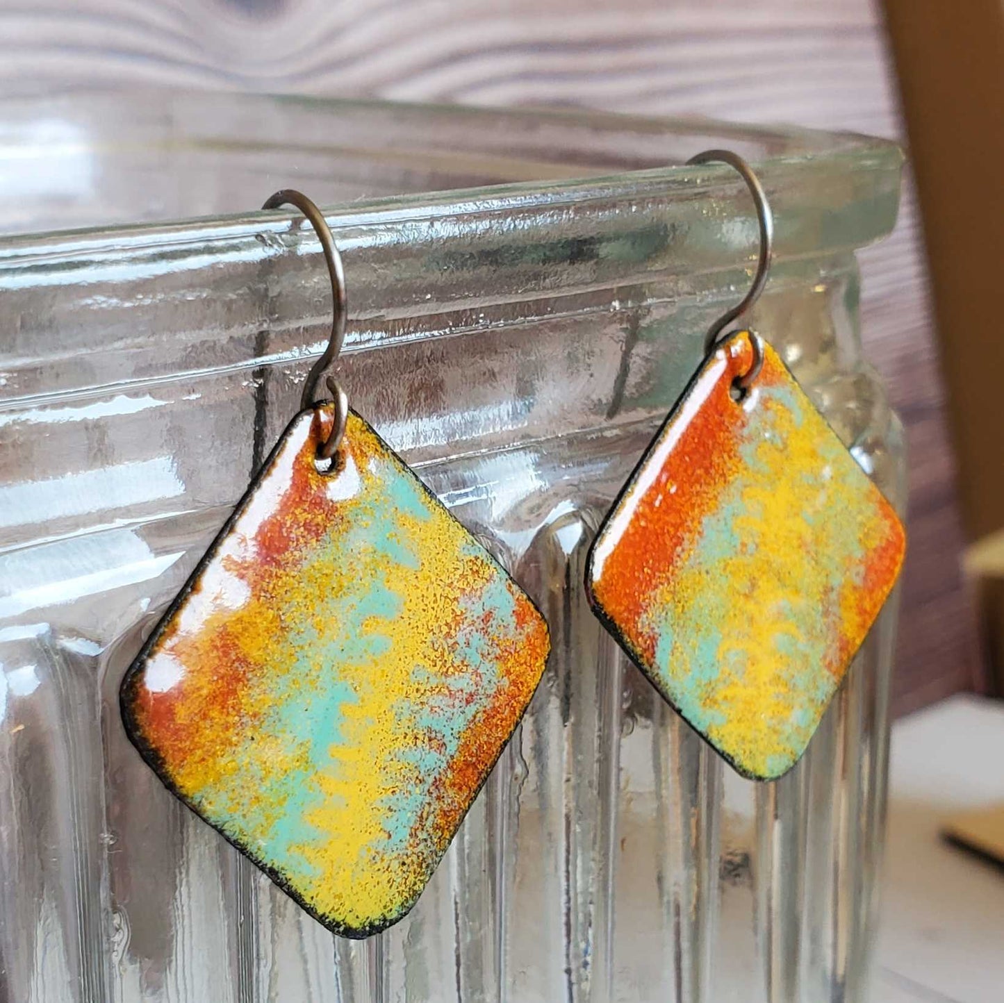 Natural Boho Dangle Earrings Enameled Copper Mint Green Orange Yellow Fern Like Pattern