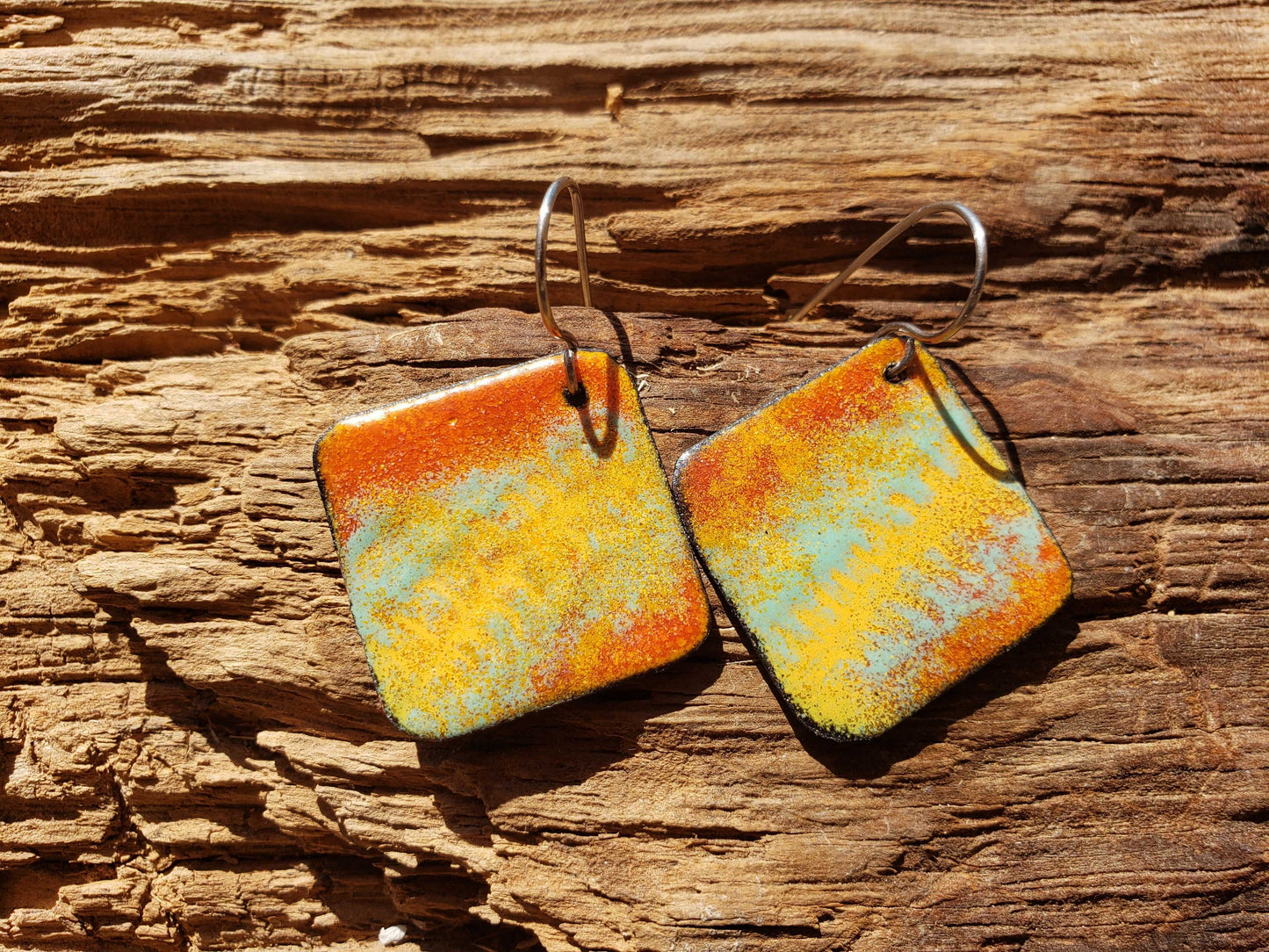Natural Boho Dangle Earrings Enameled Copper Mint Green Orange Yellow Fern Like Pattern