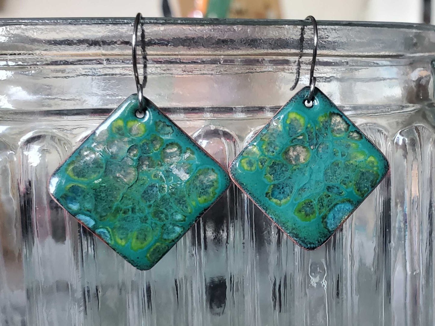 Teal Copper Earrings with Yellows and Greens Rectangle Dangles with Big Crackle Design