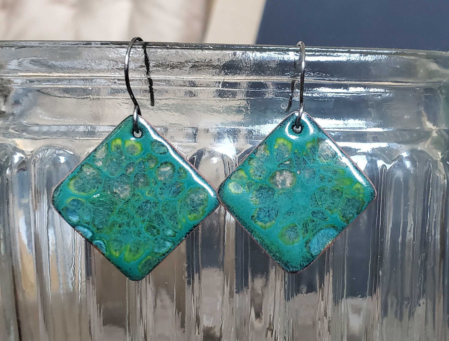 Teal colored copper enamel earrings