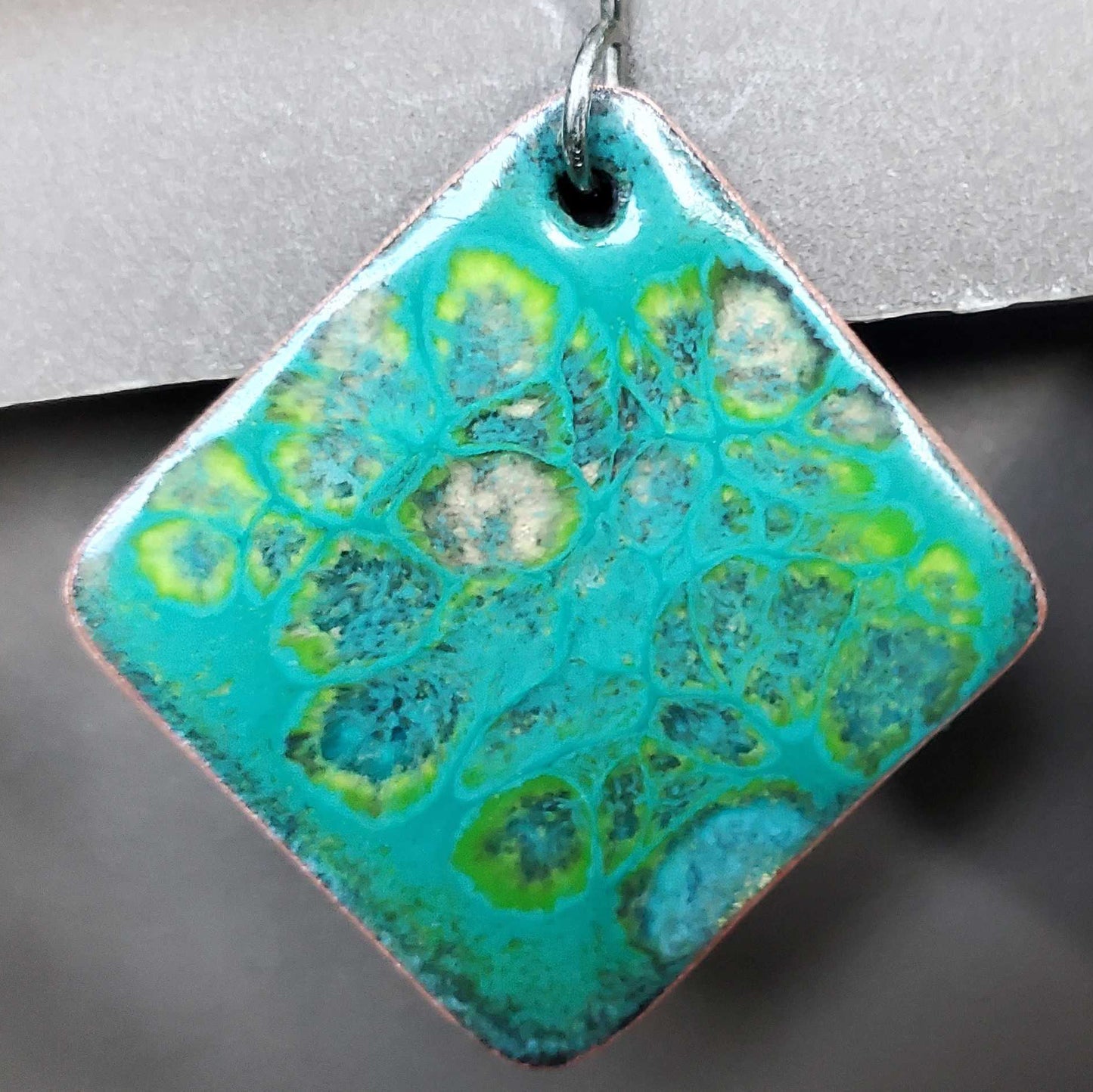 Teal Copper Earrings with Yellows and Greens Rectangle Dangles with Big Crackle Design