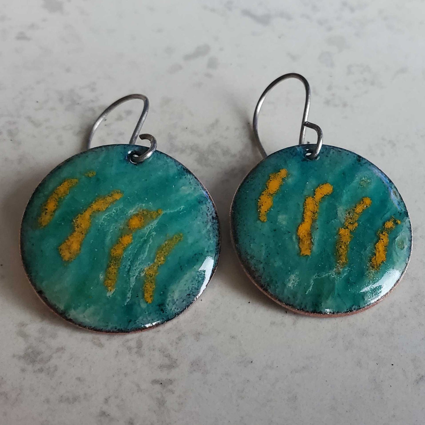 Blue Turquoise Yellow Striped Copper Enamel Earrings Circle Dangles