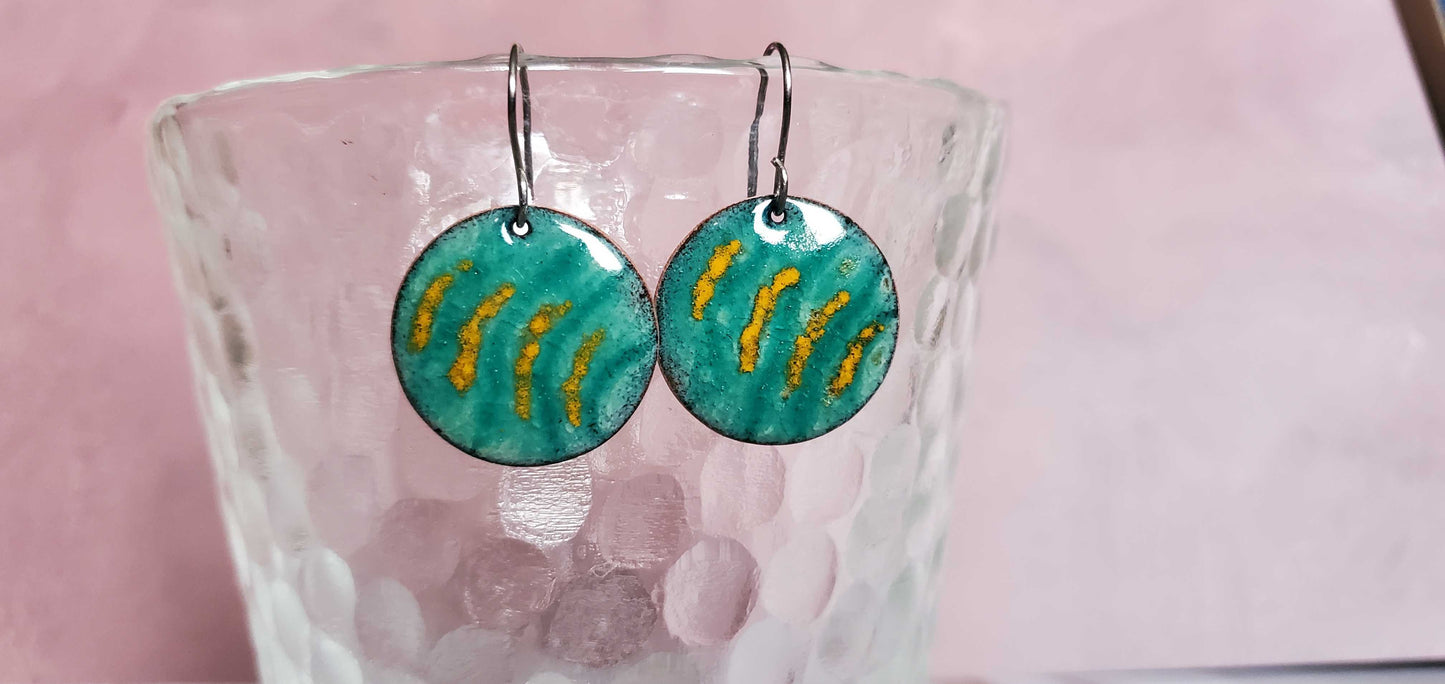 Turquoise Yellow Striped Copper Enamel Earrings Circle Dangles
