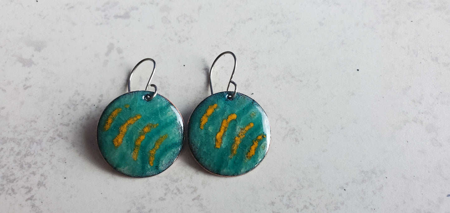 Turquoise Yellow Striped Copper Enamel Earrings Circle Dangles