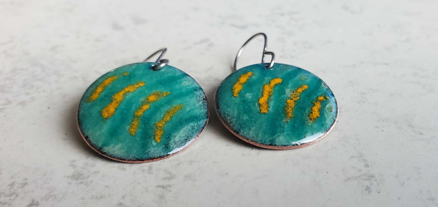 Turquoise Yellow Striped Copper Enamel Earrings Circle Dangles