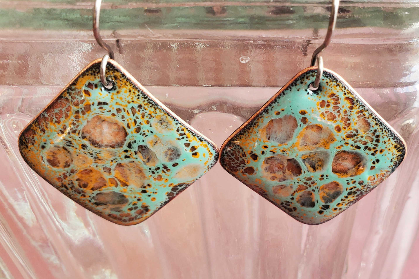 Handmade Copper Earrings Unique Moonscape Design Turquoise Yellow Crackle Pattern