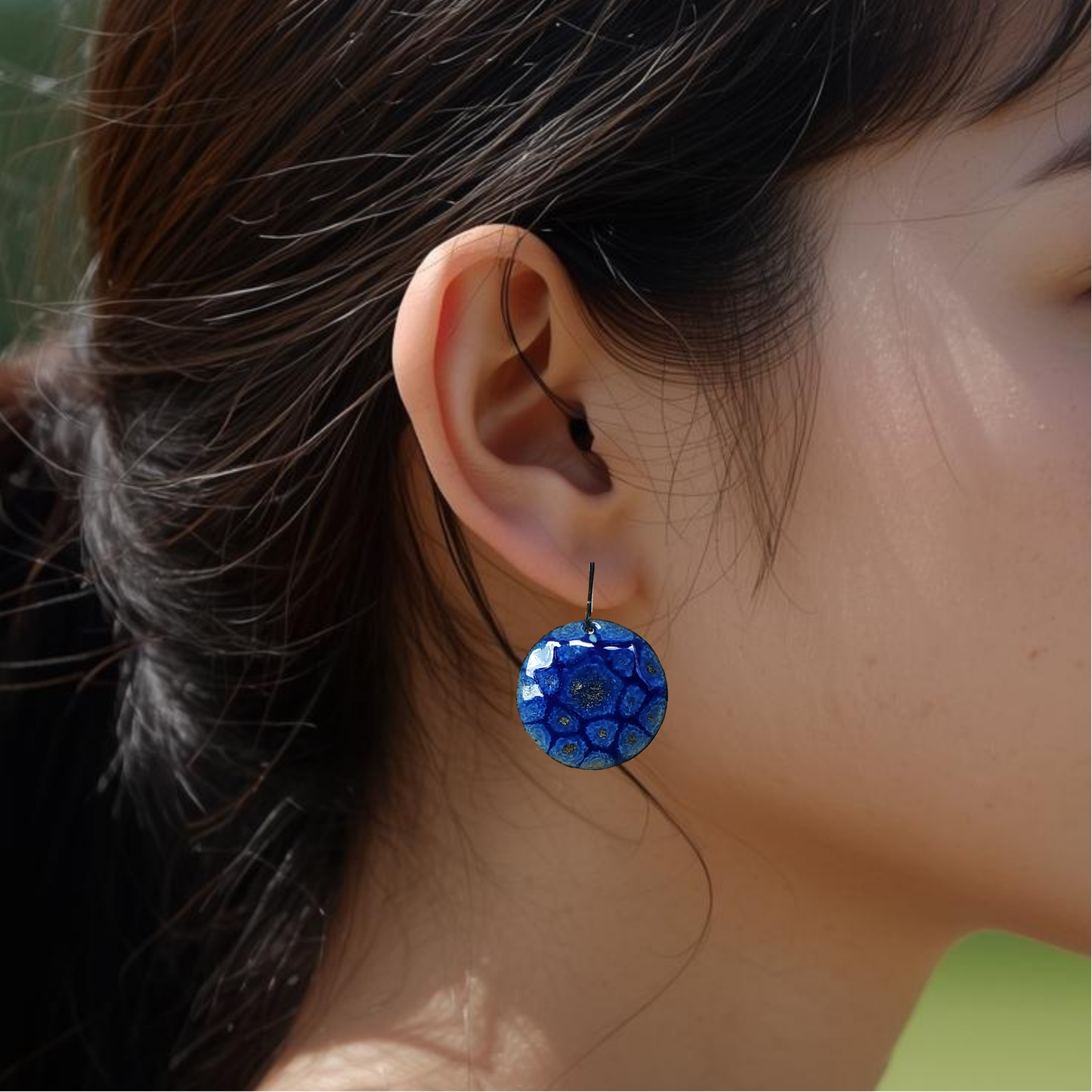 Blue Circular Copper Earrings Dangle Boho Mandala Like Pattern