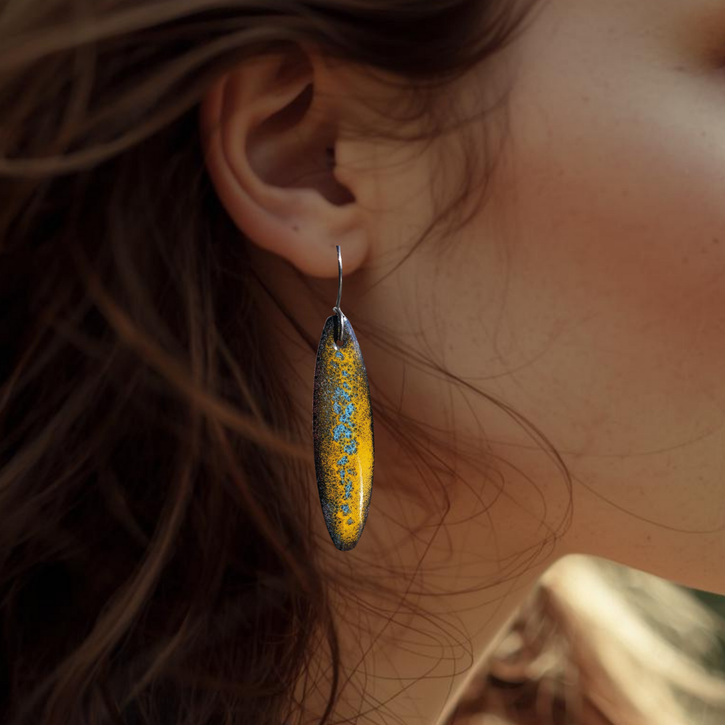 Long Oval Copper Earrings Dangle Yellow Blue Crackle Design - Fishing Vibes